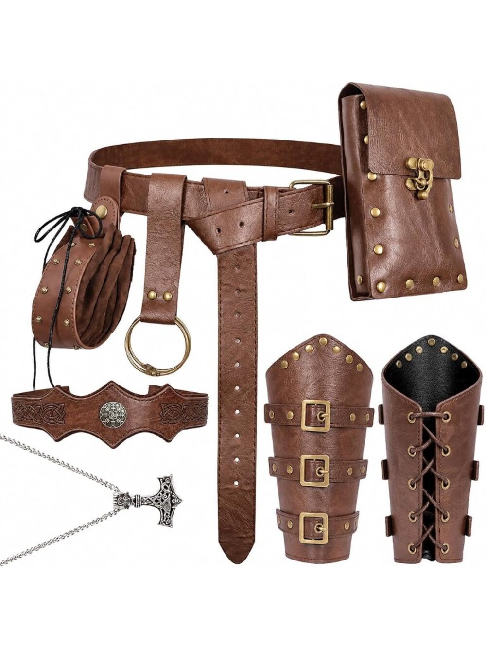 Renaissance Brown D Belt Pouch Set Studded Leather Bracers & Drawstring Bag